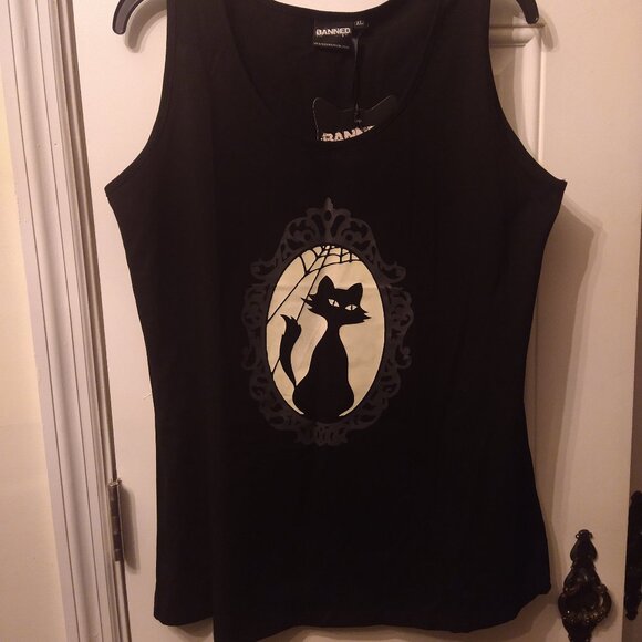 NWT GLOW IN THE DARK Cat Cameo Tank Top Banned Apparel Alternative Cobweb Kitty - Picture 7 of 14